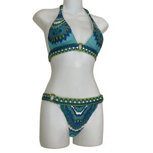 SWIMWEAR AQUA PAISLEY BIKINI SEXY PRINTING GREEN ENAMEL RINGS. SIZE SMALL